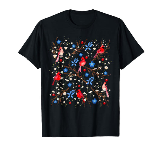 Floral Cardinal Bird Red White Blue 4th Of July Bird Lover T-Shirt