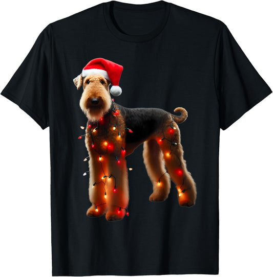 Airedale Terrier Santa Hat Christmas Lights Dog Owner Mom T-Shirt