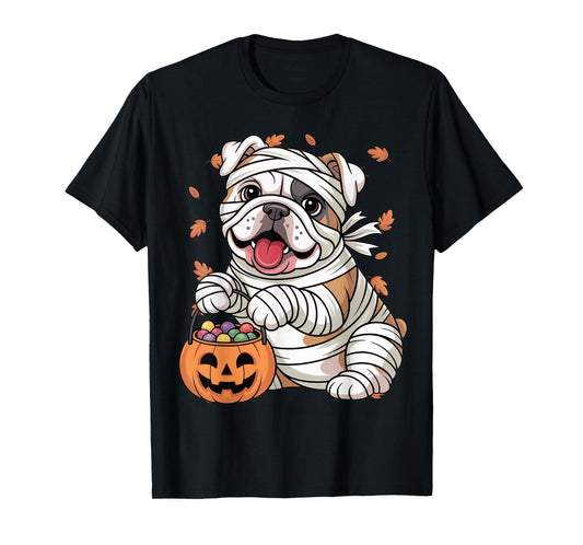 Mummy English Bulldog Fall Pumpkin Spooky Season Halloween T-Shirt