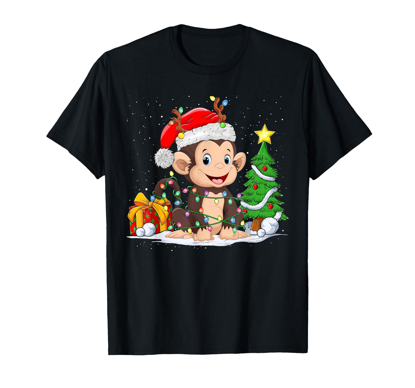 Cute Monkey Santa Christmas Tree Lights Xmas Pajama Monkey T-Shirt