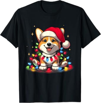 Corgi Santa Christmas Tree Lights Boys Men Corgmas Dog T-Shirt