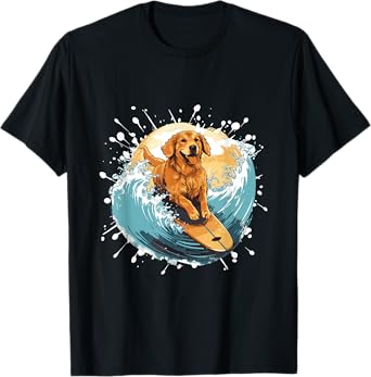 Golden Retriever Dog On Surfboard | Surfing Men Women Girls Kids T-Shirt