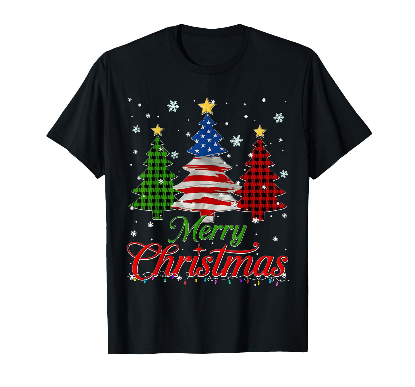 Merry Christmas Tree Plaid US Flag Snowflake Xmas Men T-Shirt