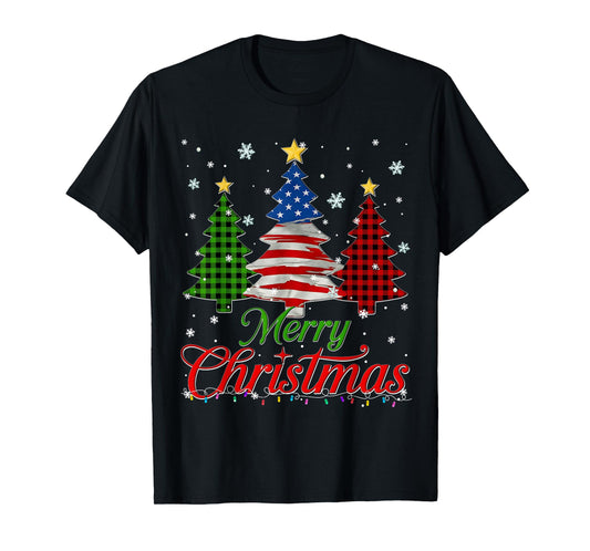 Merry Christmas Tree Plaid US Flag Snowflake Xmas Men T-Shirt