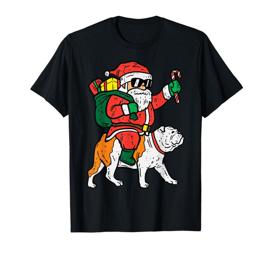 Santa Riding English Bulldog Christmas Xmas T-Shirt for Men Women Kids