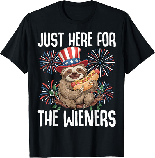 Just Here For The Wieners Hot Dog Sloth USA 4th of July T-Shirt