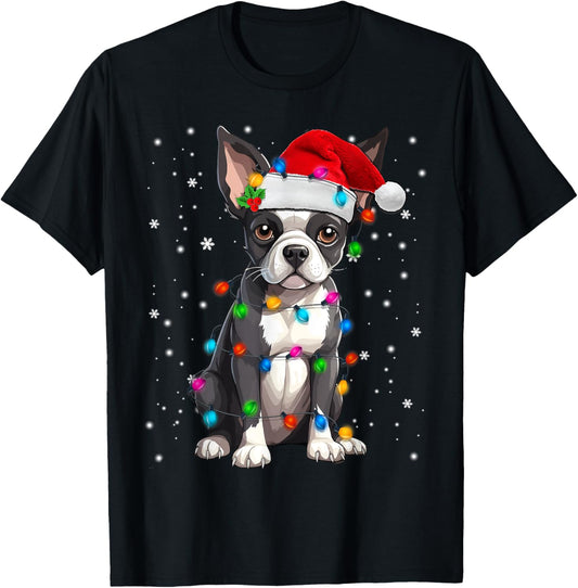 Boston Terrier Christmas Santa Hat Tree Lights Pajama T-Shirt