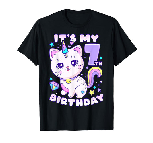 Birthday girl 7 years old, cat, unicorn, 7th birthday T-Shirt