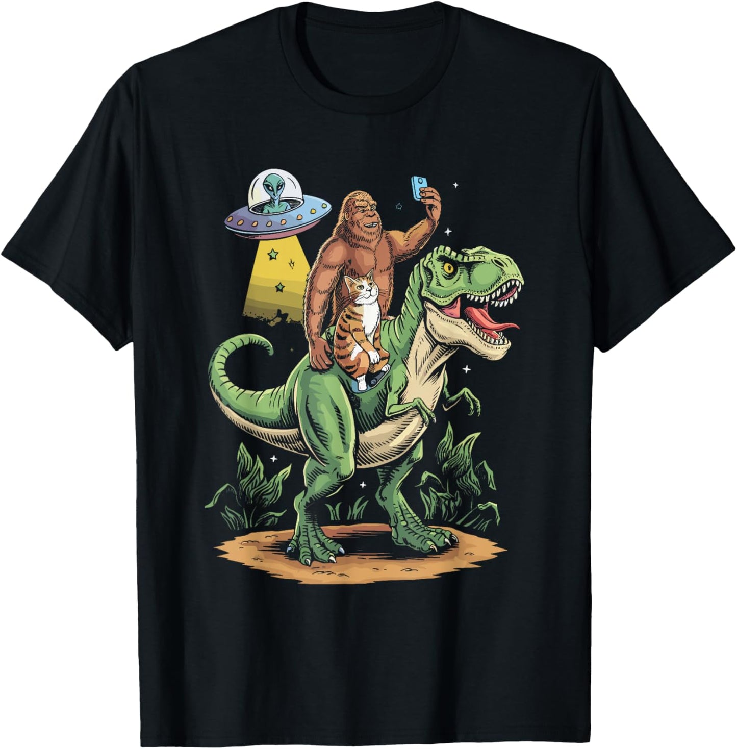 Cat Witnesses Bigfoot on Dinosaur T-Shirt
