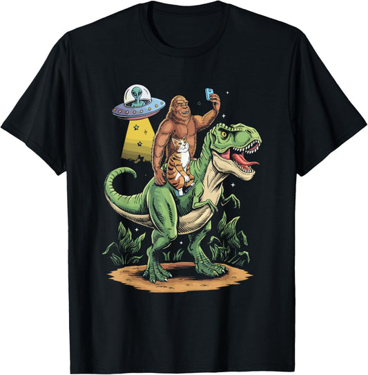 Cat Witnesses Bigfoot on Dinosaur T-Shirt