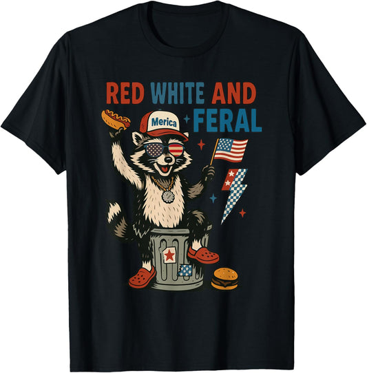 Red White and Feral Funny Raccoon 4th of July Boys Girls T-Shirt