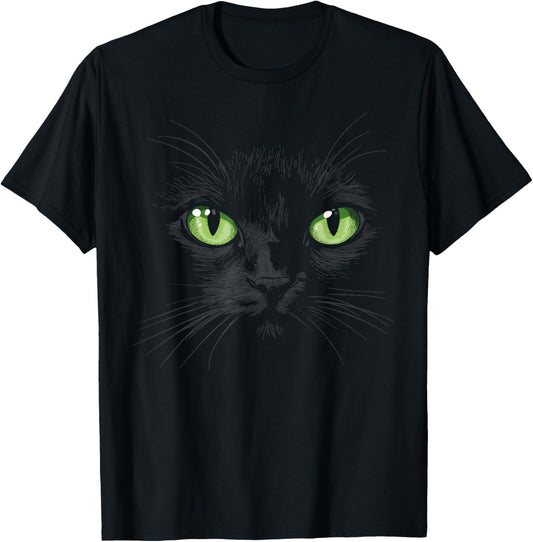 Feline Art Vibes Black Cat with Green Eyes T-Shirt - Unisex-Adults/Kids, Short Sleeve, Graphic, Halloween, Black, Small