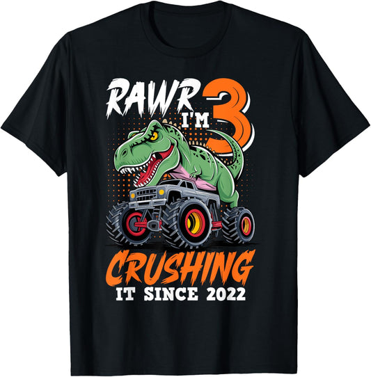 3rd Birthday Monster Truck Dinosaur Party Boys Rawr I'm 3 T-Shirt