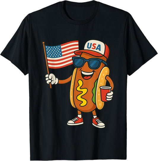 4th of July Hotdog Funny Fourth of July Patriotic USA Flag T-Shirt