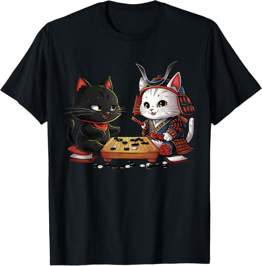 Kawaii Cat Samurais Playing Go Board Game Baduk Funny Cat T-Shirt
