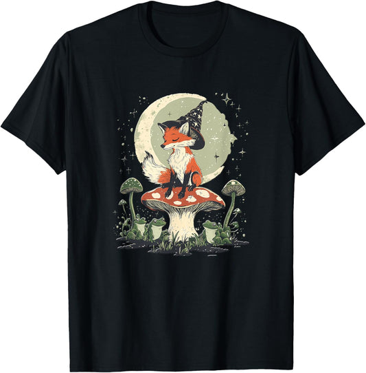 Cute Cat With Frog On Mushroom - Cottage Core T-Shirt