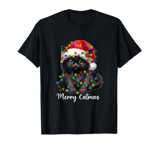 Merry Catmas Black Cat Christmas Light Xmas Family Men Women T-Shirt