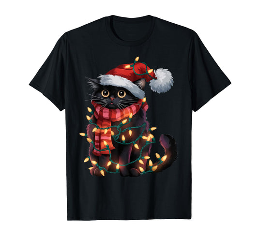 Black Cat Christmas Shirt For Women Santa Hat Xmas Lights T-Shirt