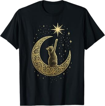 Cute Cat Crescent Moon Stars T-Shirt