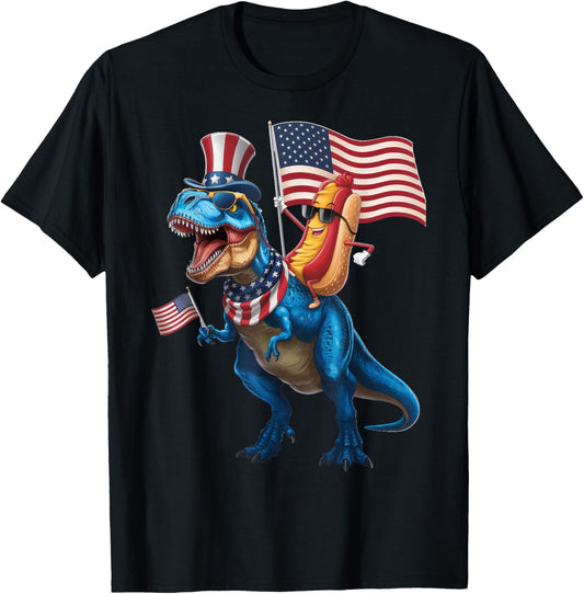 Hotdog Riding TRex Dinosaur 4th of July USA Flag T-Shirt for Men Women Kids