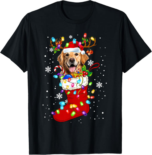 Santa Golden retriever In Christmas Socks Lover Kids Family T-Shirt