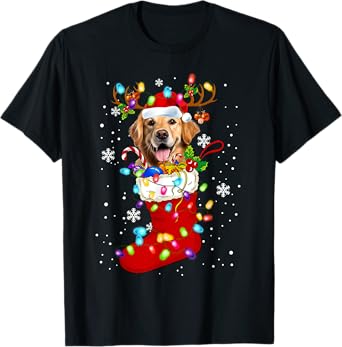 Santa Golden retriever In Christmas Socks Lover Kids Family T-Shirt