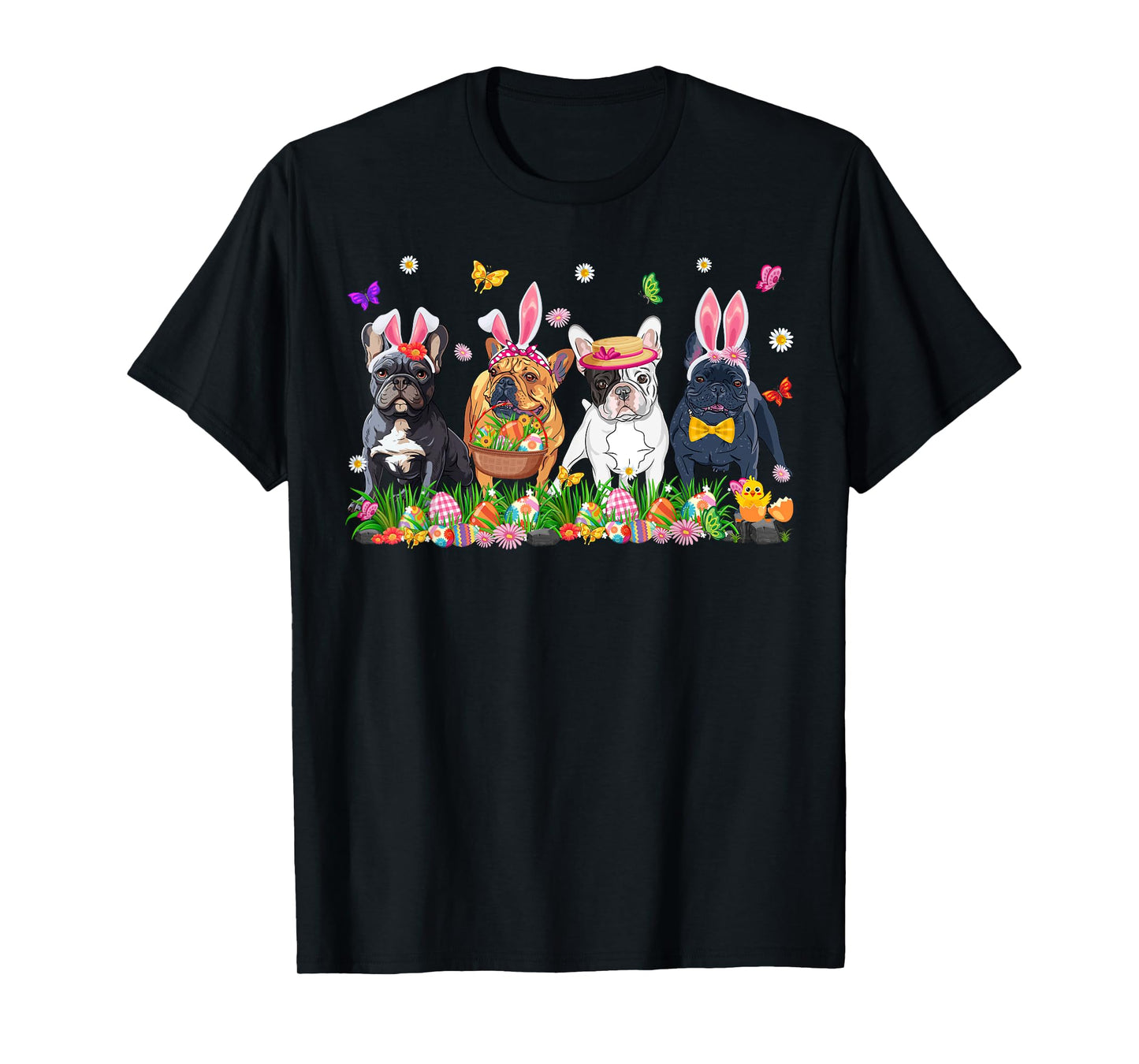 Cute Frenchie Dogs With Bunny Ears & Egg Basket Easter Day T-Shirt
