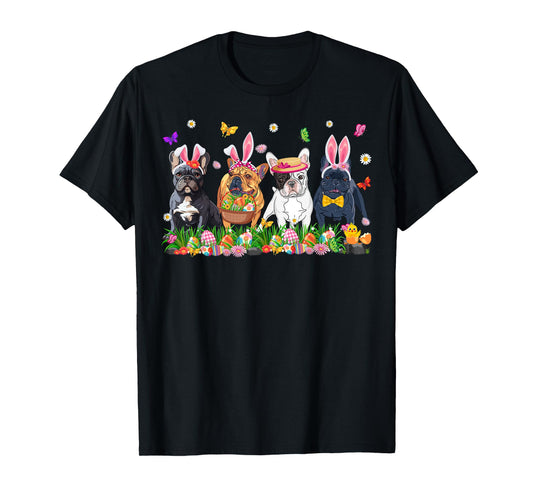 Cute Frenchie Dogs With Bunny Ears & Egg Basket Easter Day T-Shirt
