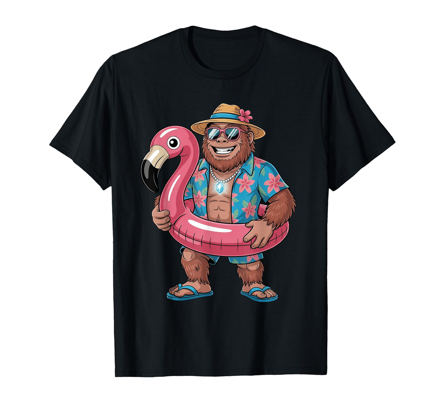 Pink Flamingo Bigfoot Hawaiian Costume Tropical Summer Beach T-Shirt