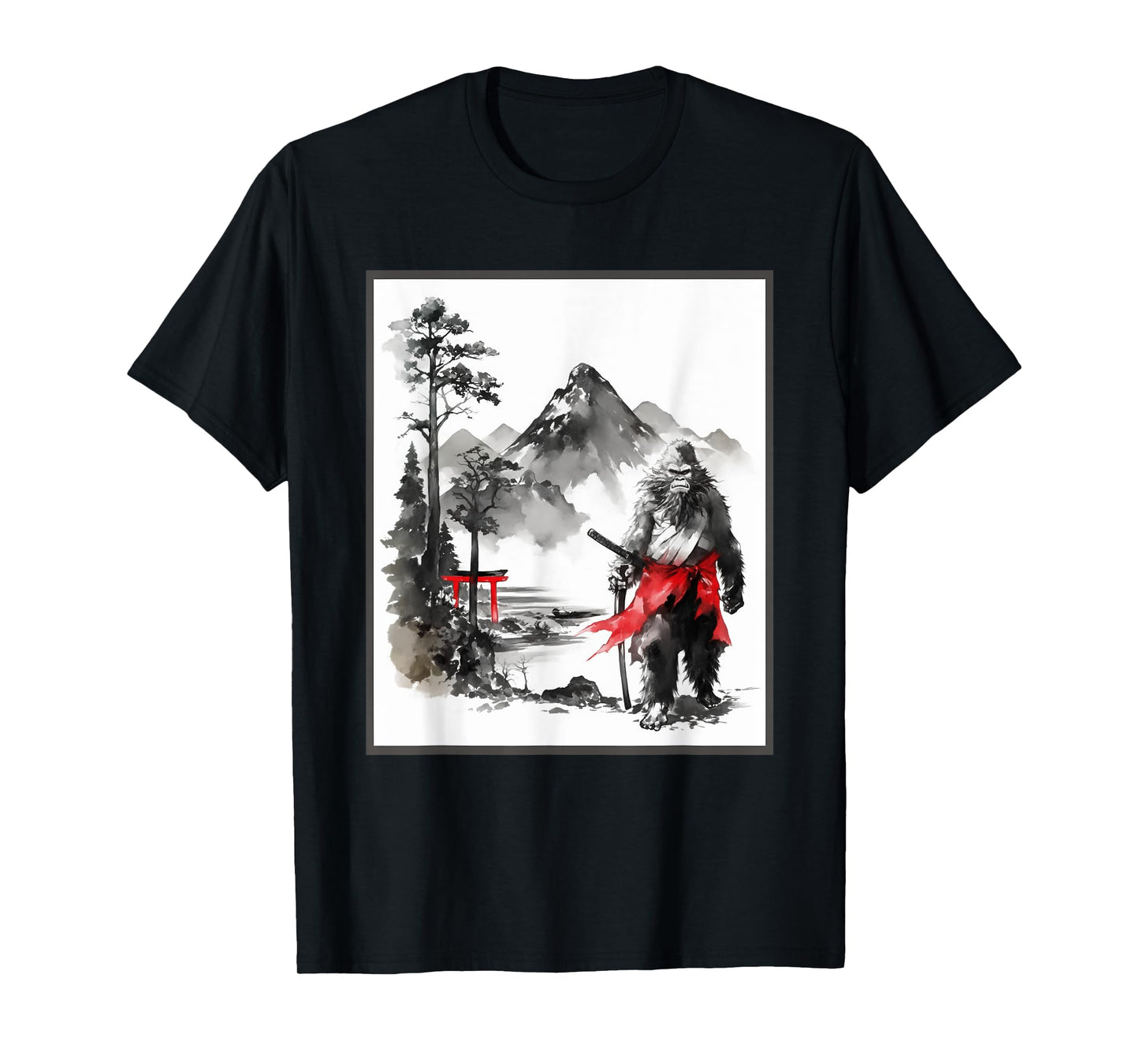 Bigfoot Samurai Japanese Vintage Painting Sumi-E Sasquatch T-Shirt