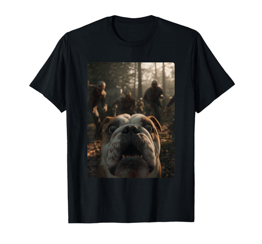 Funny British Bulldog Selfie with Zombies Halloween Dog T-Shirt