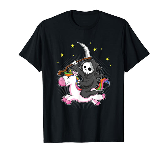 Death Metal Rock Music Halloween Grim Reaper Riding Unicorn T-Shirt