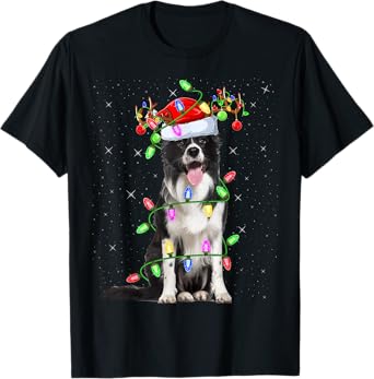 Xmas Holiday Lighting Santa Border Collie Dog Christmas T-Shirt for Men Women Kids