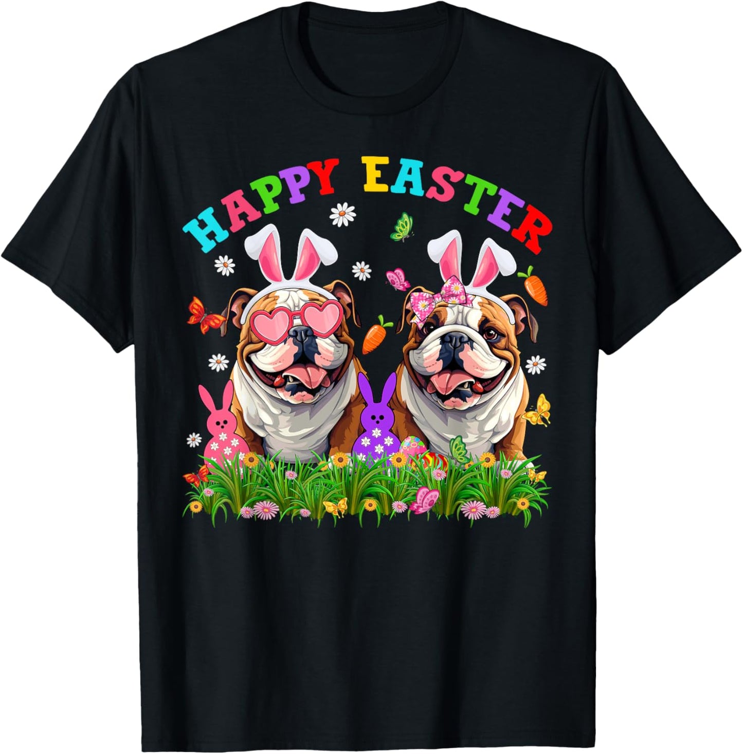 Cute English Bulldog Dog & Bunny Ears Eggs Happy Easter Day T-Shirt