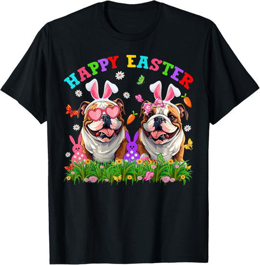 Cute English Bulldog Dog & Bunny Ears Eggs Happy Easter Day T-Shirt