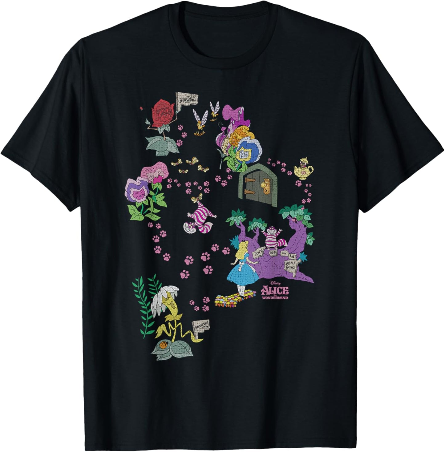 Disney Alice In Wonderland Cheshire Cat Paw Prints Map T-Shirt