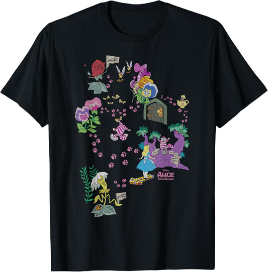 Disney Alice In Wonderland Cheshire Cat Paw Prints Map T-Shirt