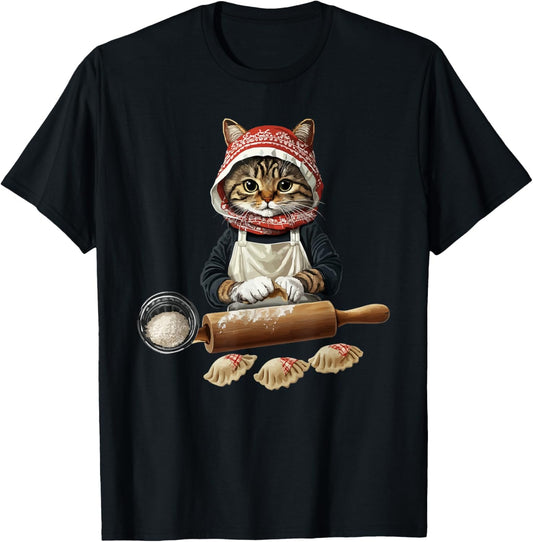 Cute Babushka Cat Making Pierogi Polish For Kitty Food Lover T-Shirt