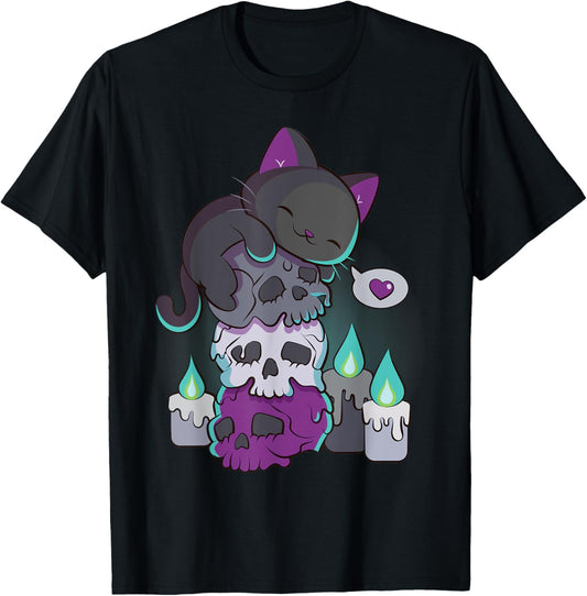Asexual Pride Cute Black Cat on Skulls Kawaii Goth Aesthetic T-Shirt