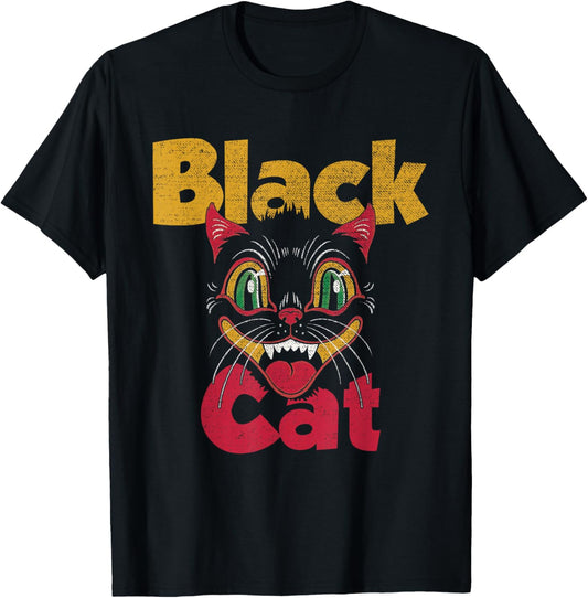 Vintage Halloween Retro Black Cat Retro Fireworks Men Women T-Shirt