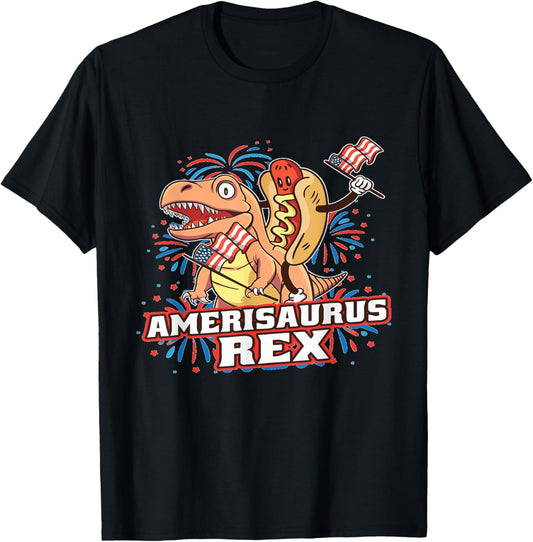 Funny Hotdog T Rex Dinosaur 4th of july Amerisaurus T-Shirt for Women Men