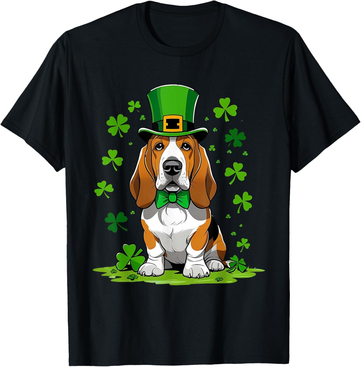 St Patricks Day Green Shamrocks Funny Basset Hound Dog T-Shirt