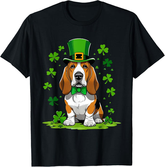 St Patricks Day Green Shamrocks Funny Basset Hound Dog T-Shirt