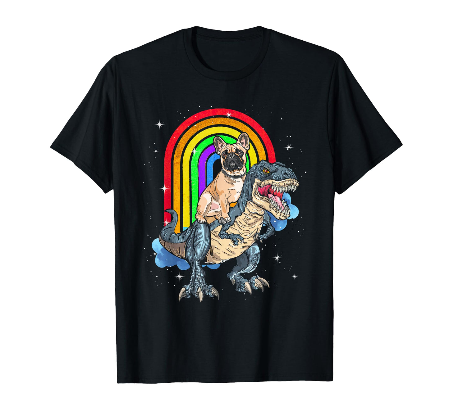 French Bulldog Riding Dinosaur T rex Rainbow T-Shirt for Men Women Kids