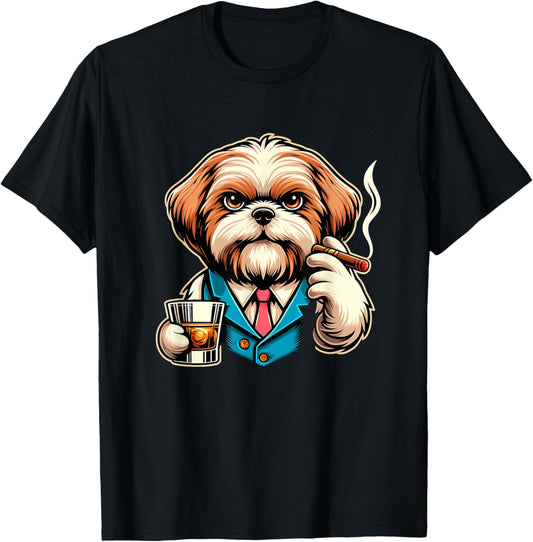 Shih Tzu Dog Cigar And Whiskey T-Shirt