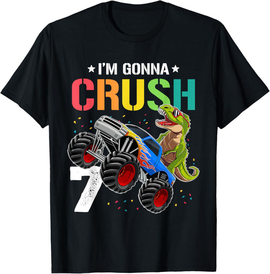 Kids Dinosaur Monster Truck Seven Years Old 7th Birthday T-Shirt