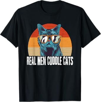Mens Real Men Cuddle Cats Tee Mens Cat Daddy Dad Vintage Retro T-Shirt