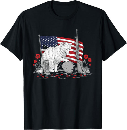 Vintage Cat American USA Flag Memorial Day 4th of July T-Shirt