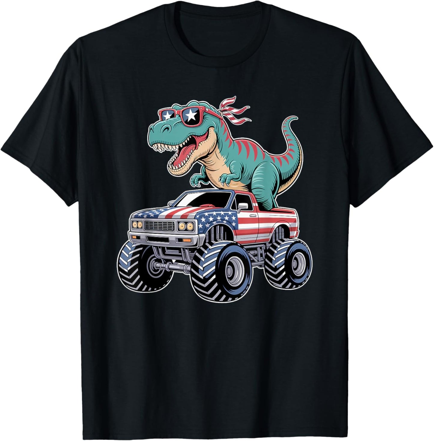 4th Of July Dino Monster Truck American Flag Dinosaur T-Rex T-Shirt