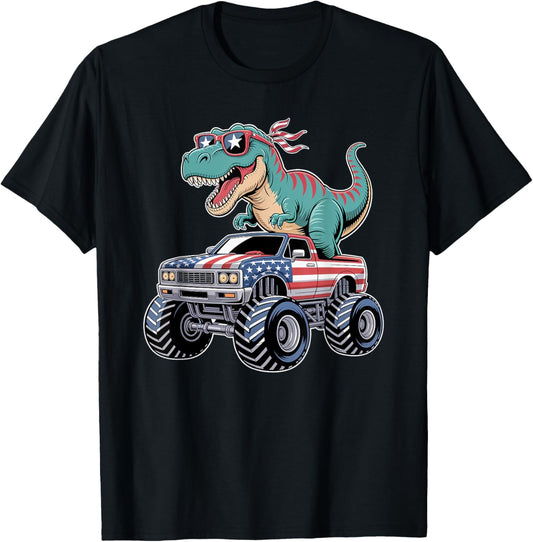 4th Of July Dino Monster Truck American Flag Dinosaur T-Rex T-Shirt